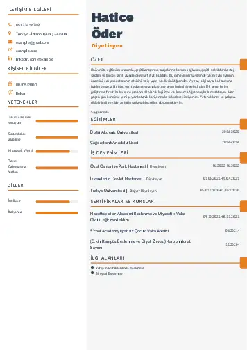 Beslenme Uzmanı Diyetisyen CV Örnekleri cv indir
